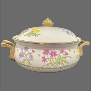 Vintage Lincoware Wildflower Enamelware Stock Pot With Lid Floral Design & Gold